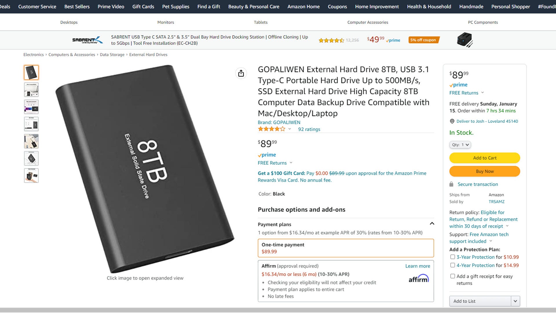 An amazon listing for an 8 TB sd drive for