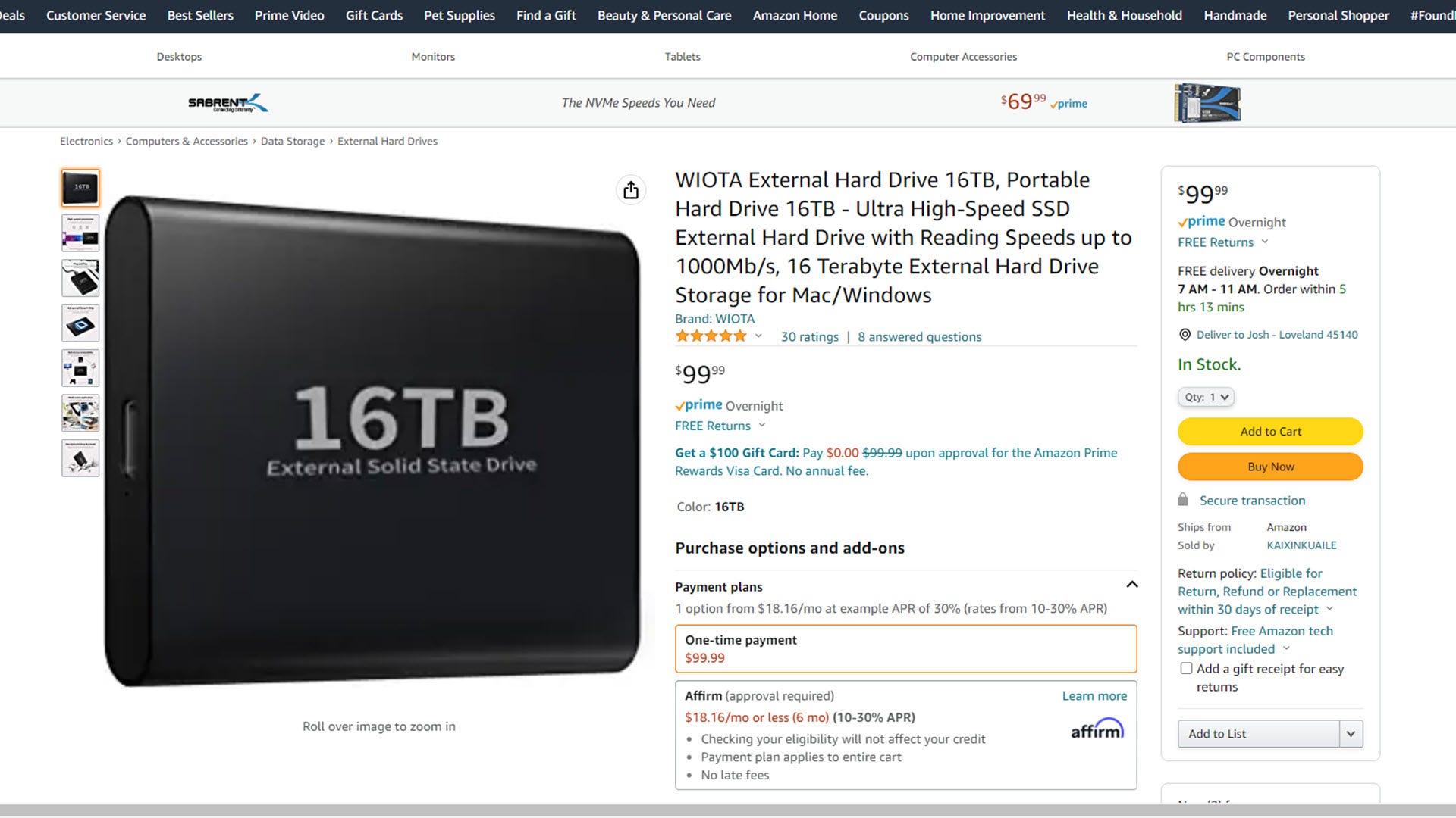 an amazon listing for a $100 16 TB portable SD drive