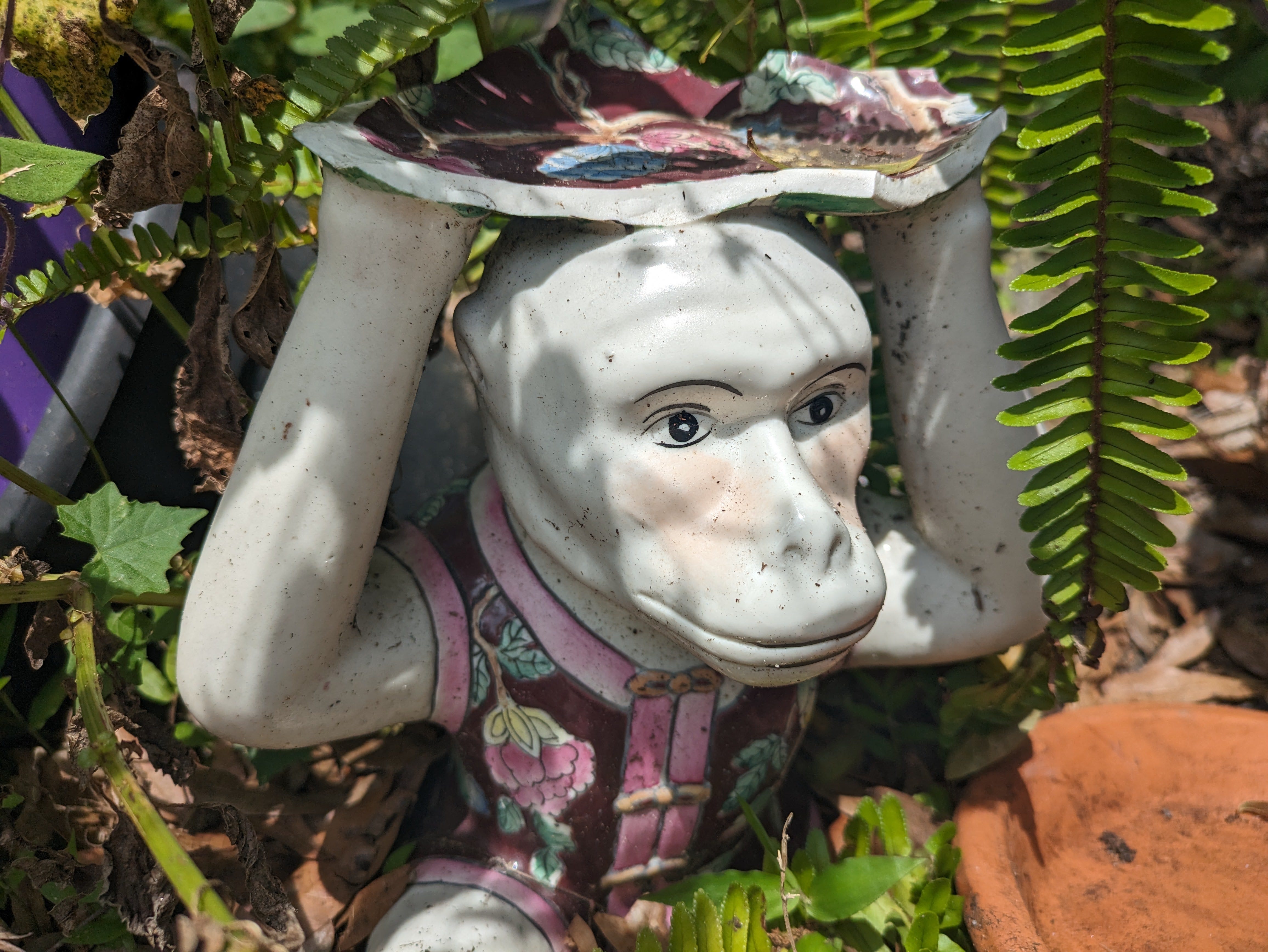 Main camera shot of ceramic monkey outdoors