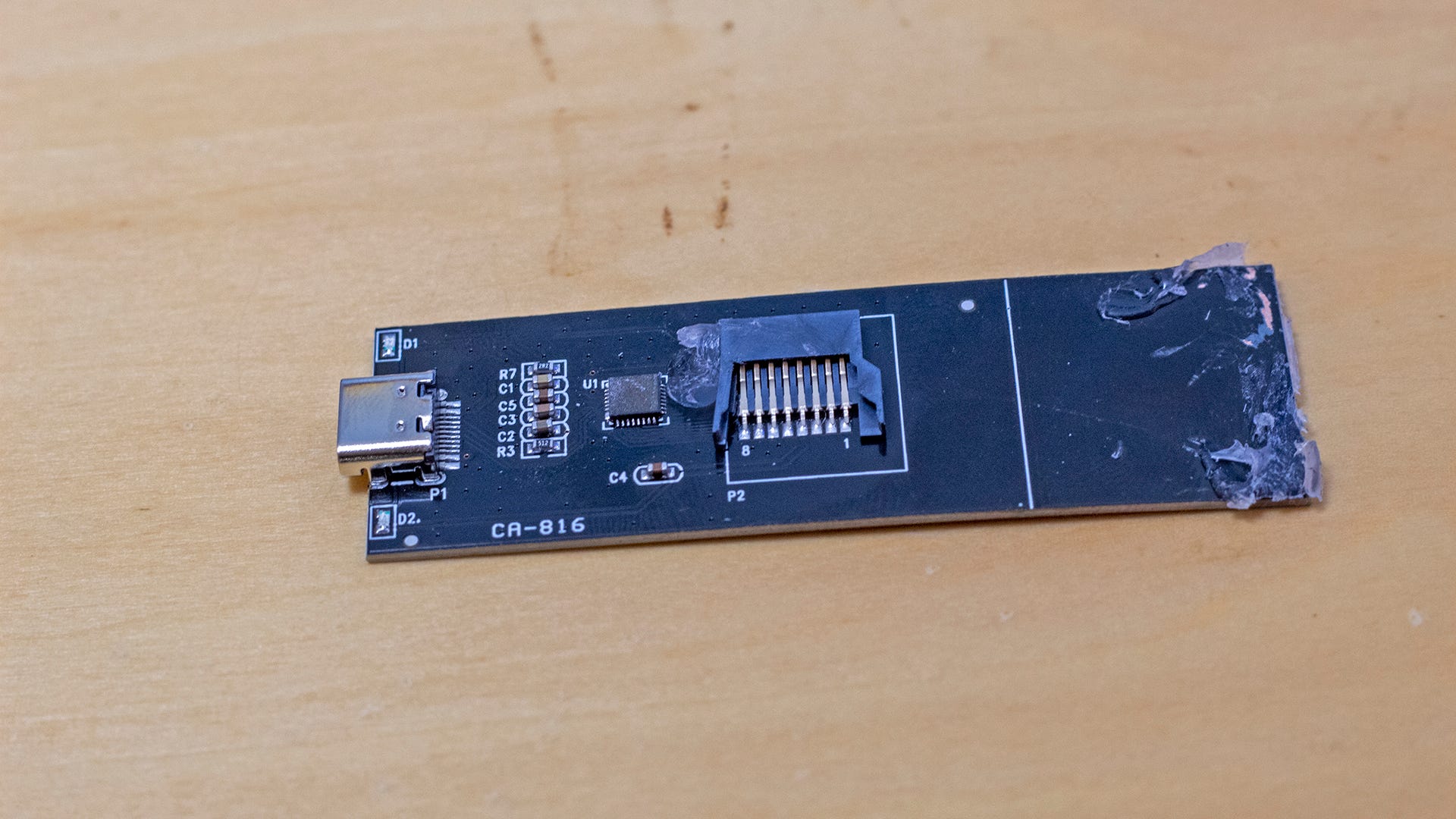 A closeup of a USB-C board with microSD adapter