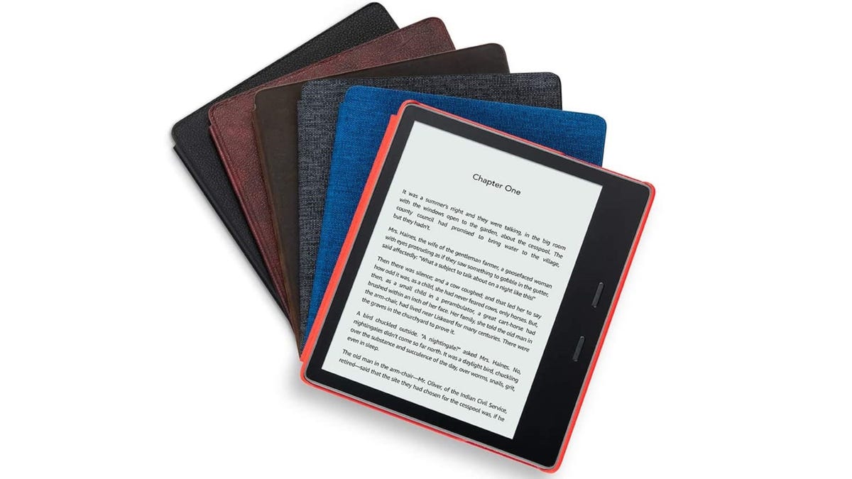 Several Kindle Oasis eReaders are shown in different colored cases.