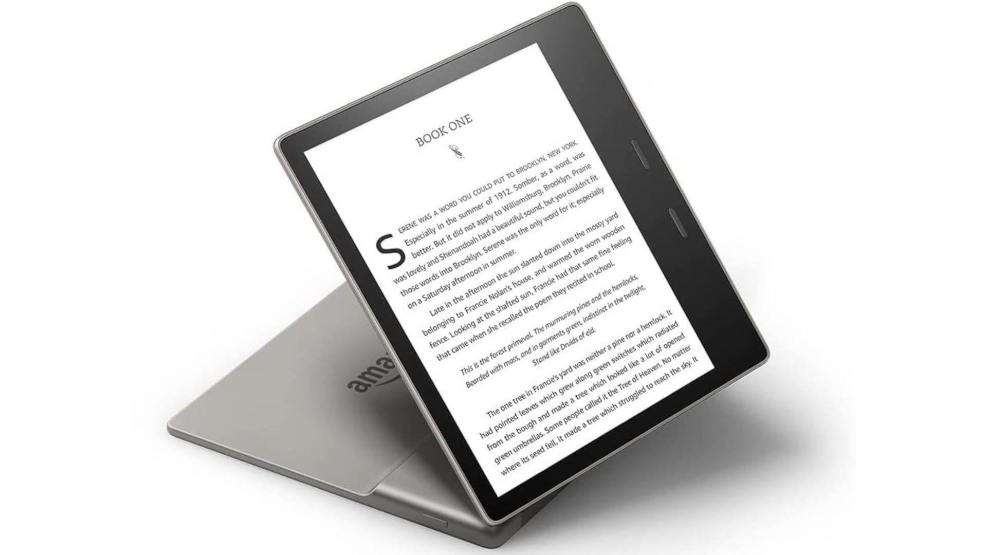  A Kindle Oasis is displayed with text on the screen.