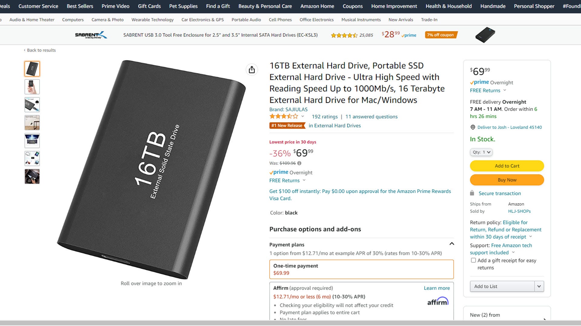 An amazon listing for a $70 portable SD drive