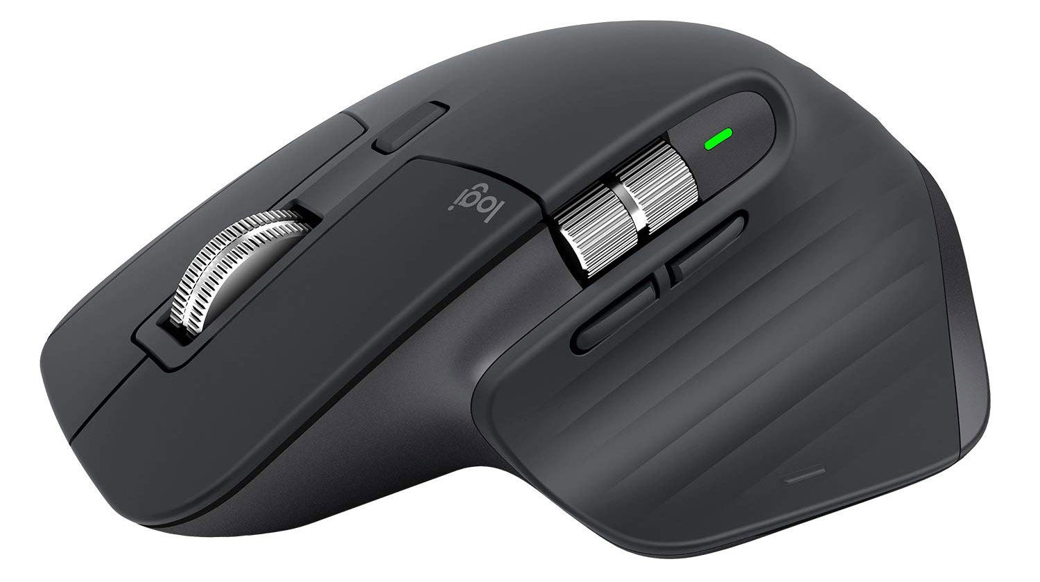 The Logitech MX Master 3 mouse, from the side.