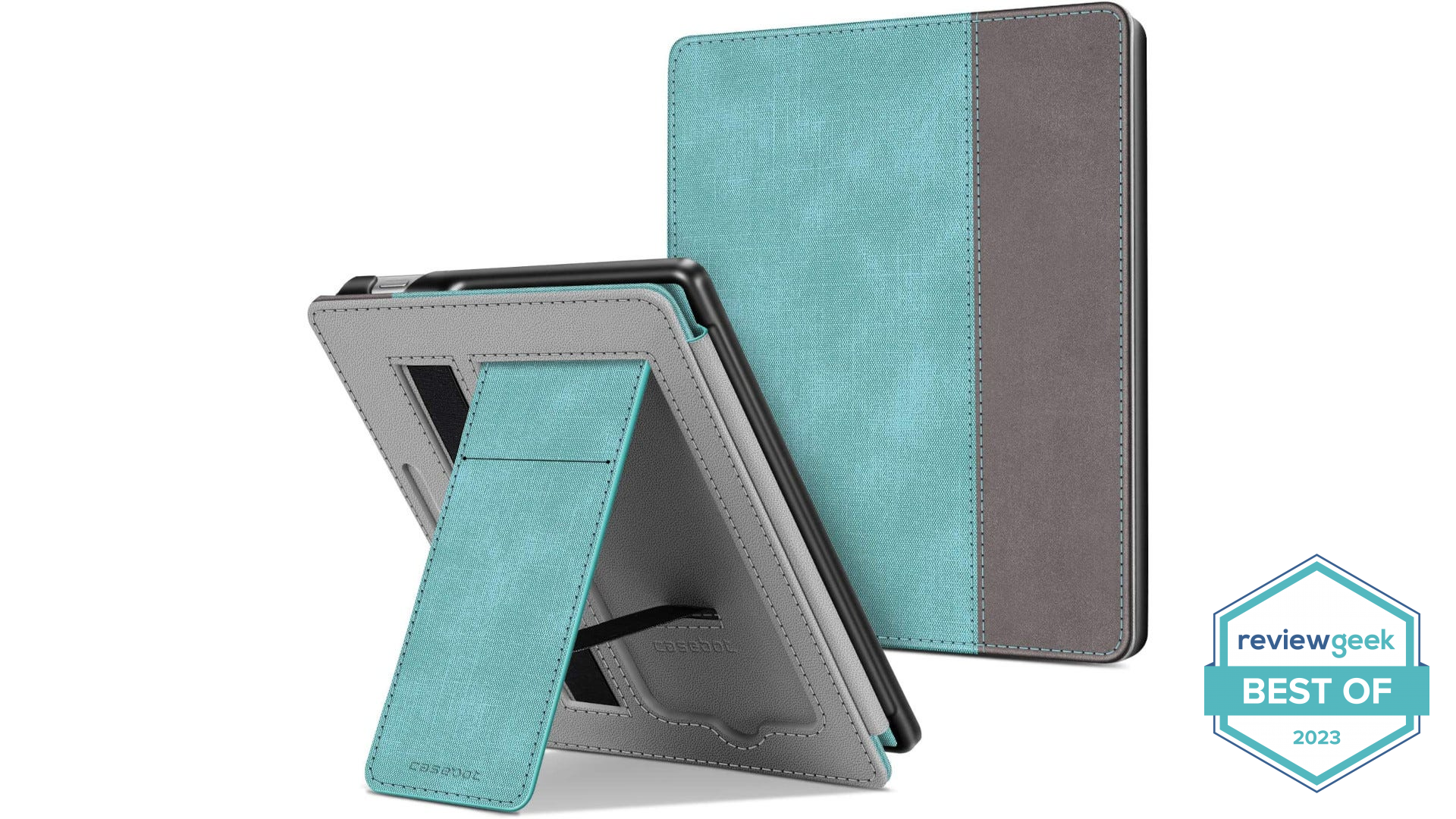 Two versions of a Kindle Oasis case are displayed. One is closed and the other is open using the stand feature.