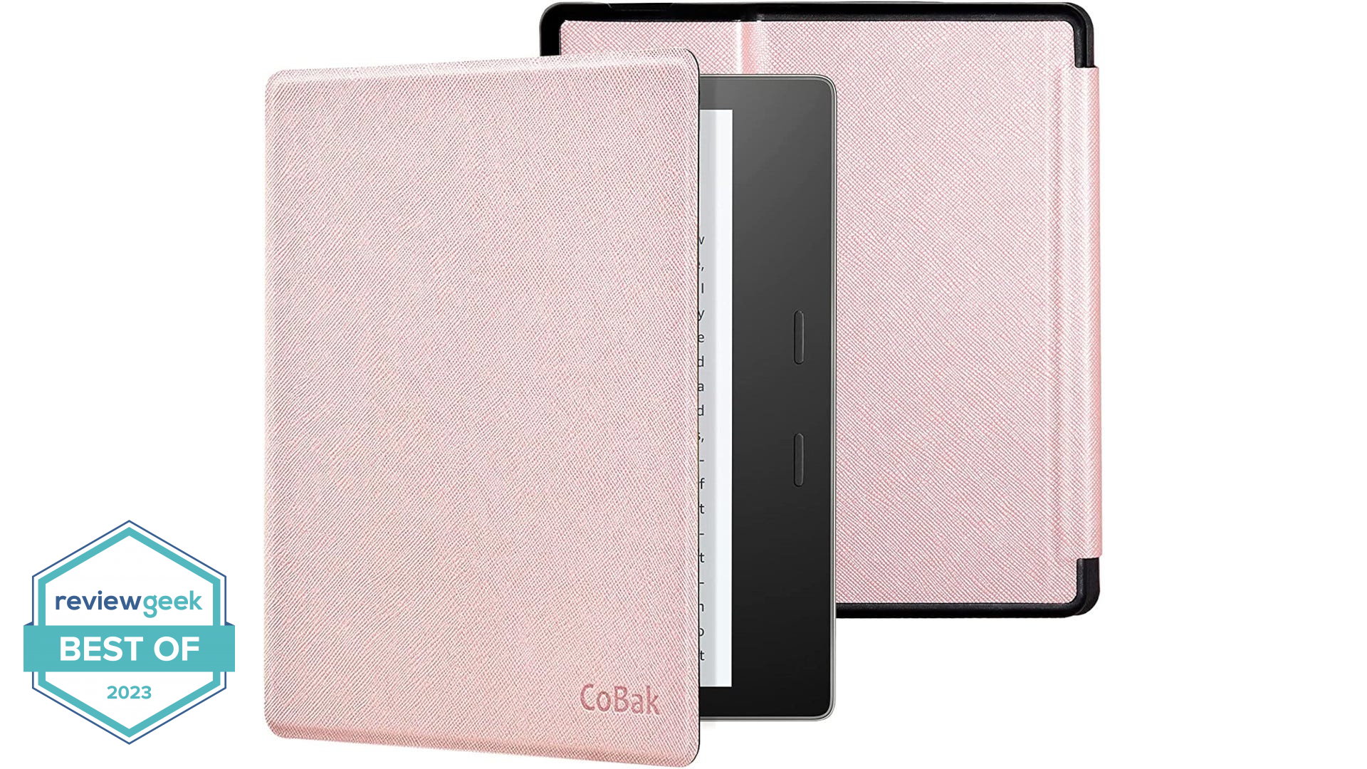 Two versions of a Kindle Oasis case are displayed. One is closed and the other is open.