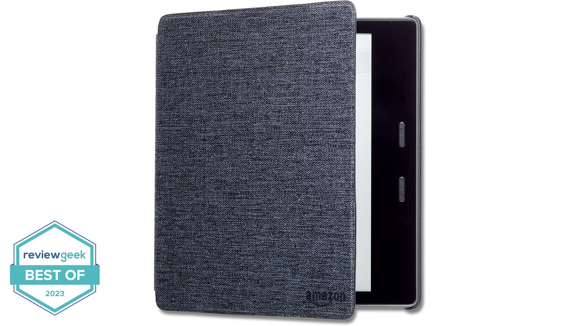 A fabric Kindle Oasis case is shown partially open.