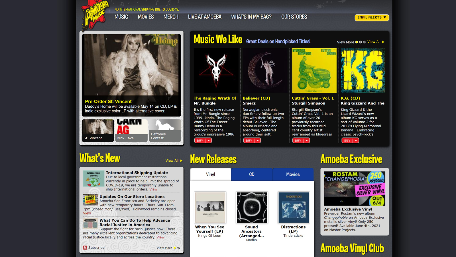 Amoeba Music homepage with vinyls and upcoming events