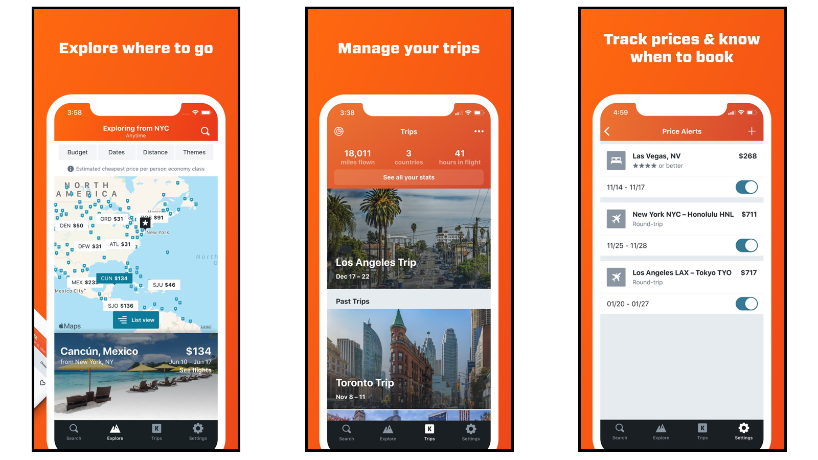 Kayak app pages showing explore tab, trip management features, and price tracking