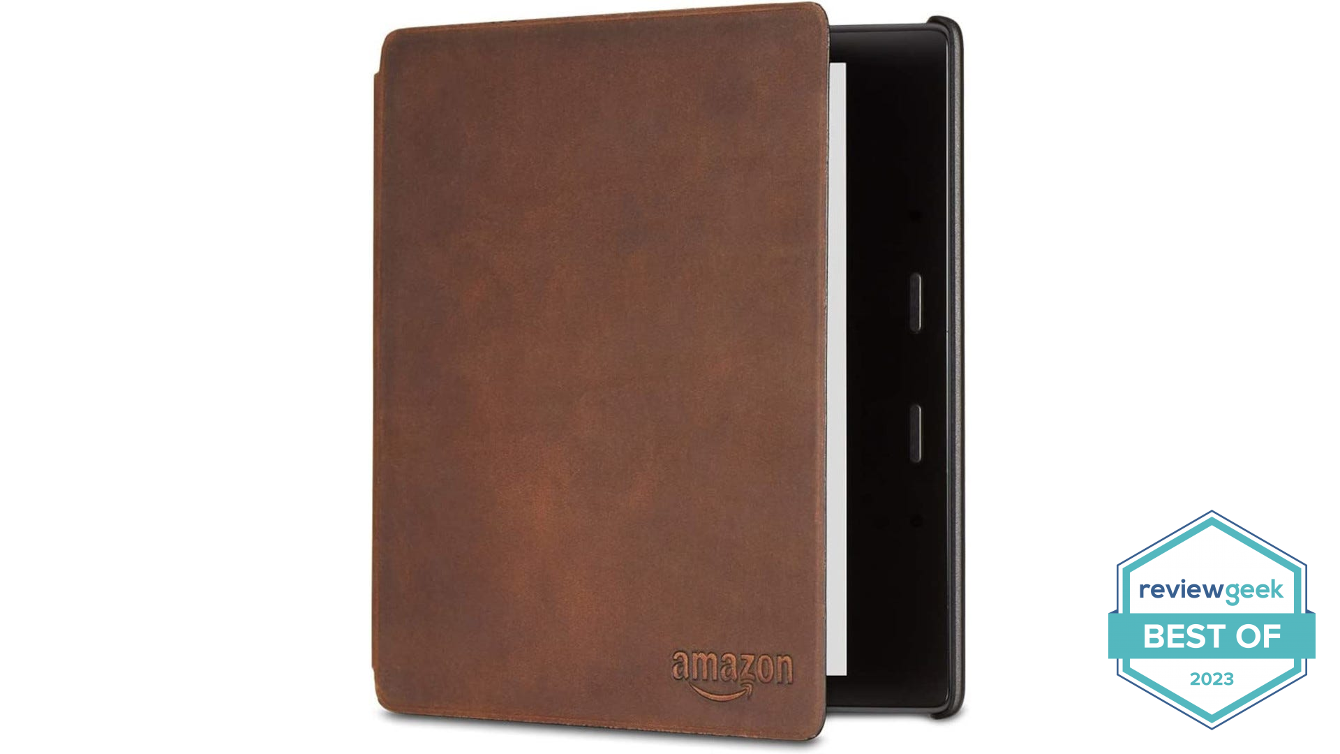 A leather Kindle Oasis case is shown partially open.
