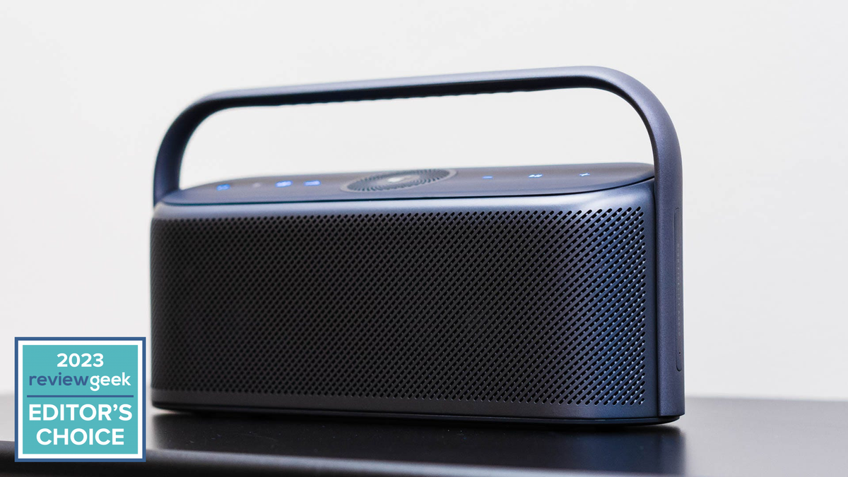 Angled view of the front of the Anker Soundcore Motion X600 speaker